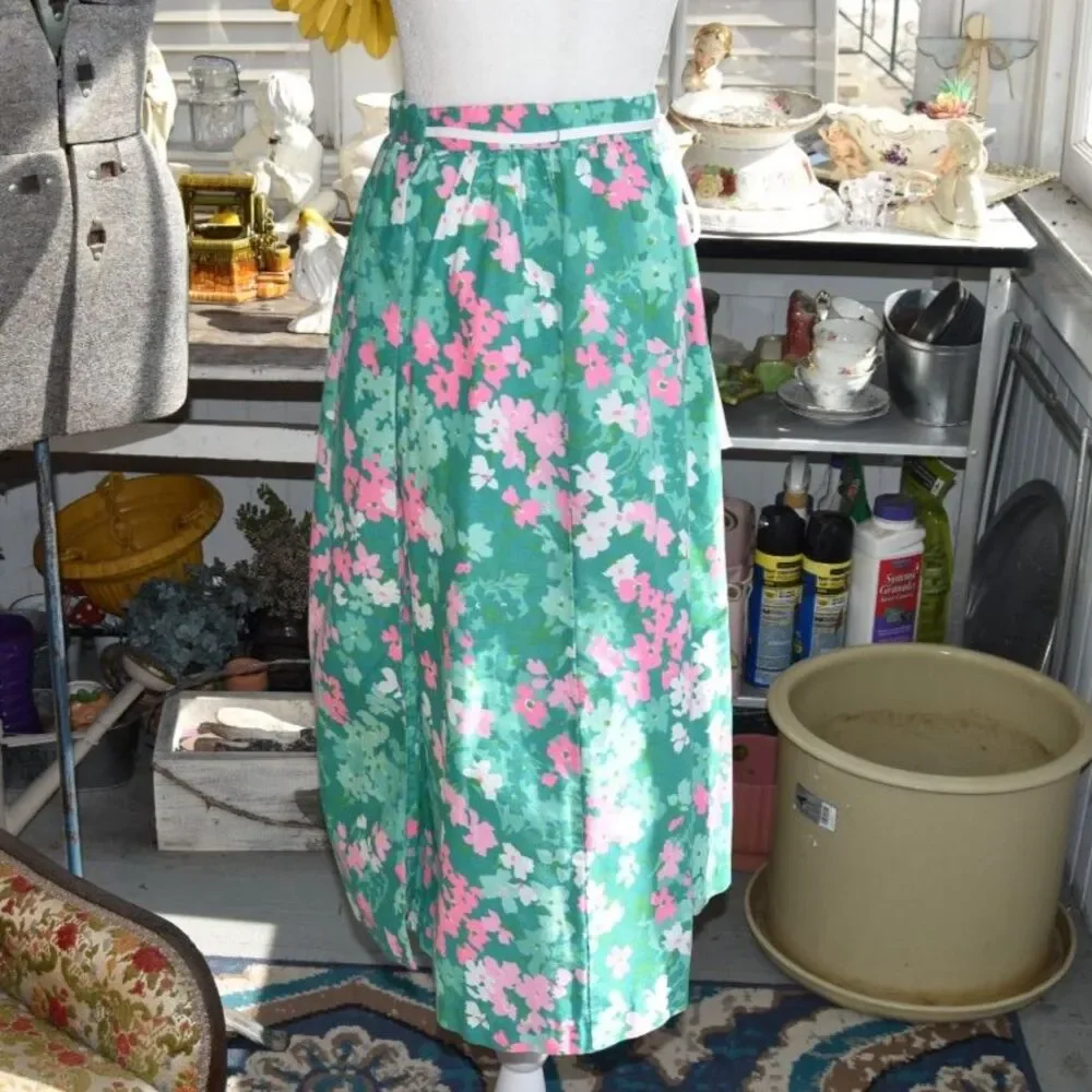 Vintage Poppy by Lanz Floral Midi Skirt Green Pink Cotton A Line Retro 70s Small
